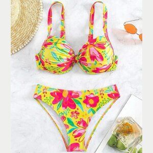 Women Swimwear Two-Piece Bikini Underwire Bra Full Brief Floral Yellow Size L